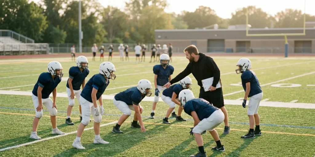 Youth football players practicing drills with a coach on a field during training session